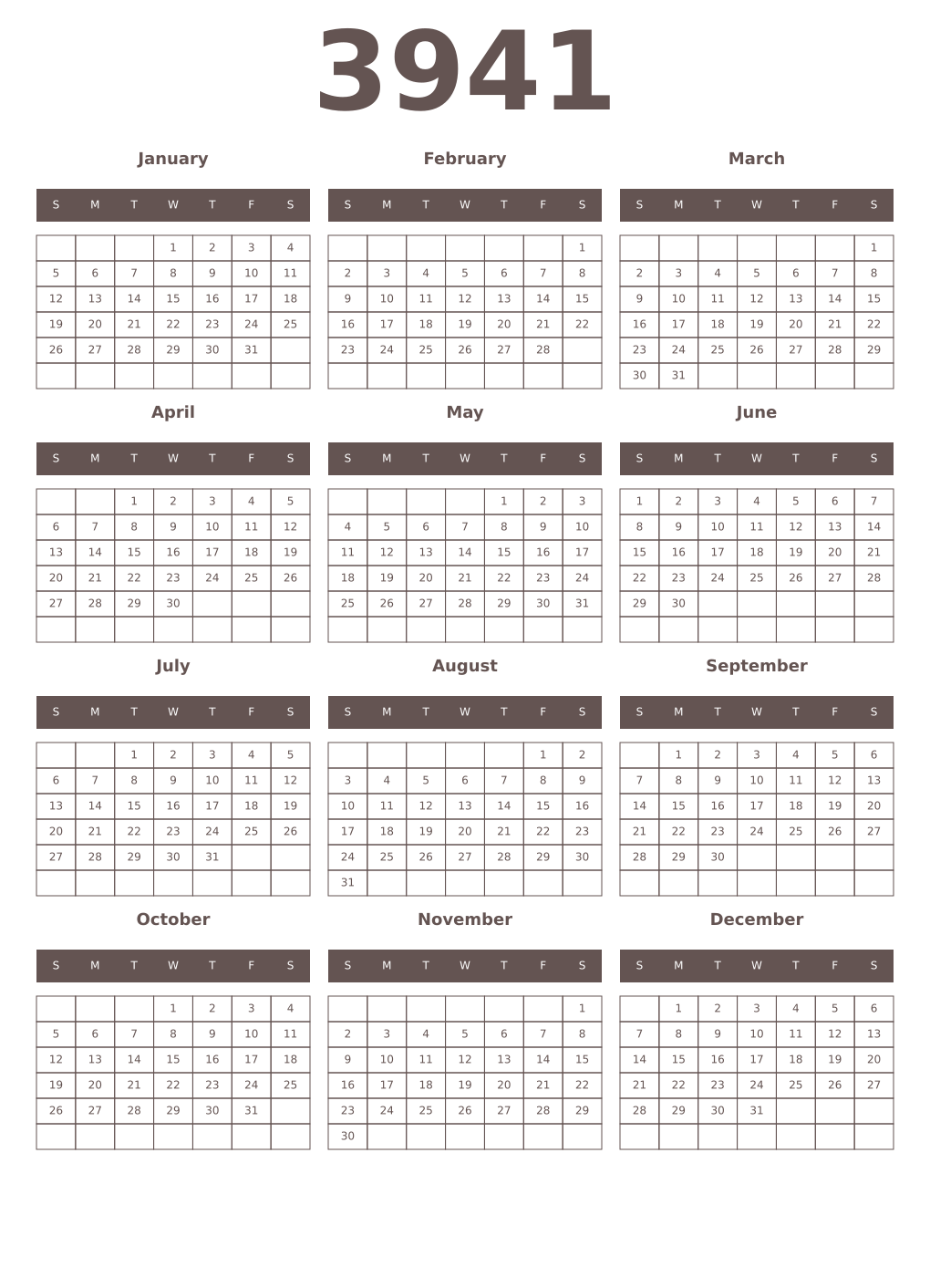 Printable 3941 Year Calendars wenge
