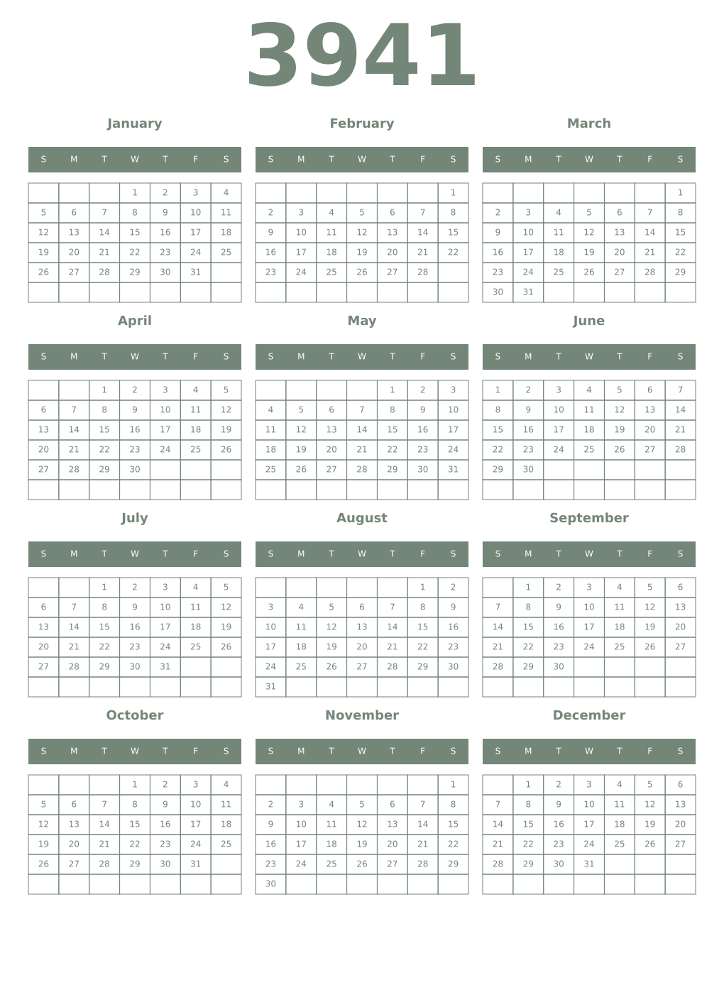 Printable 3941 Year Calendars xanadu