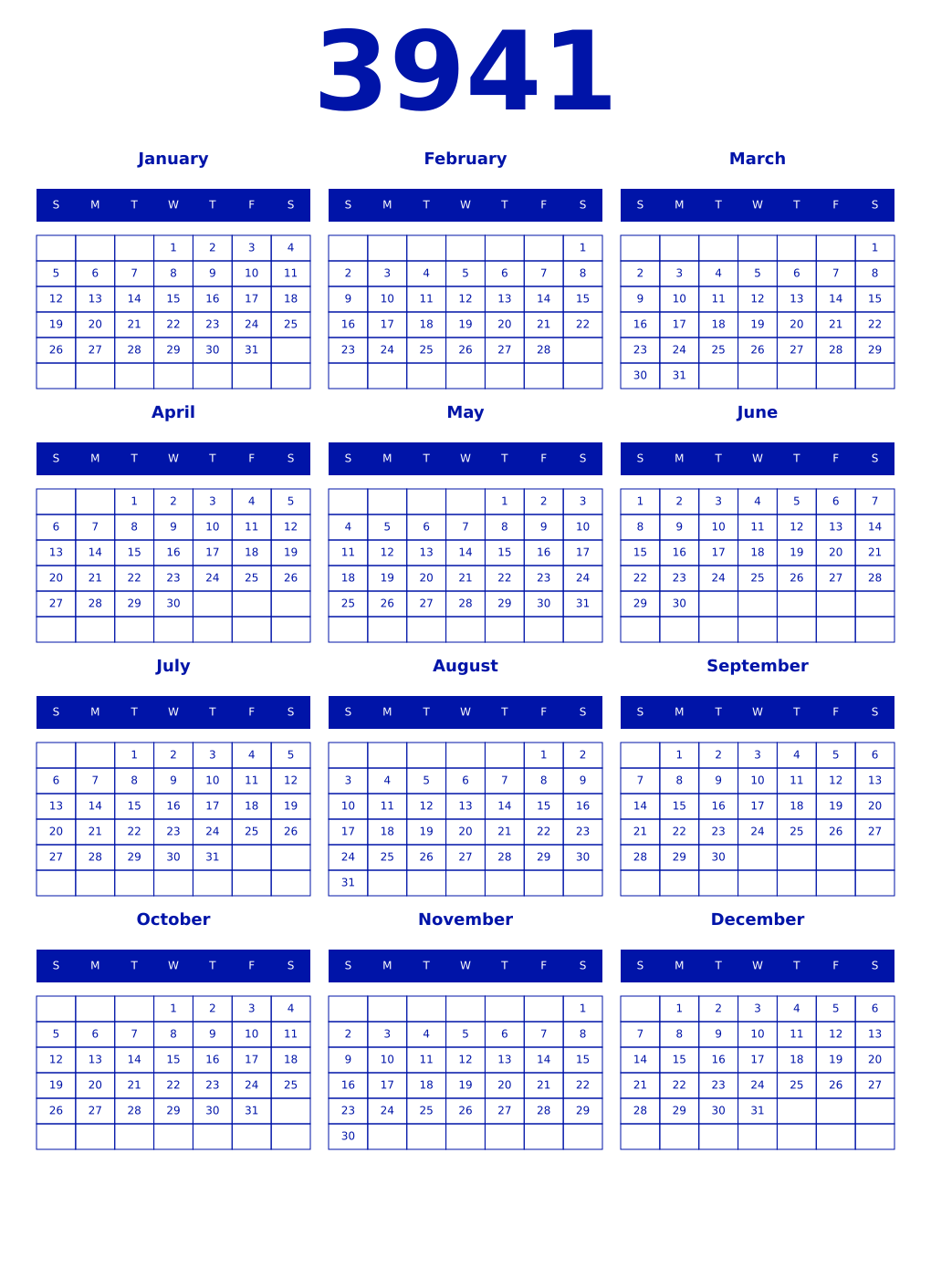 Printable 3941 Year Calendars zaffre