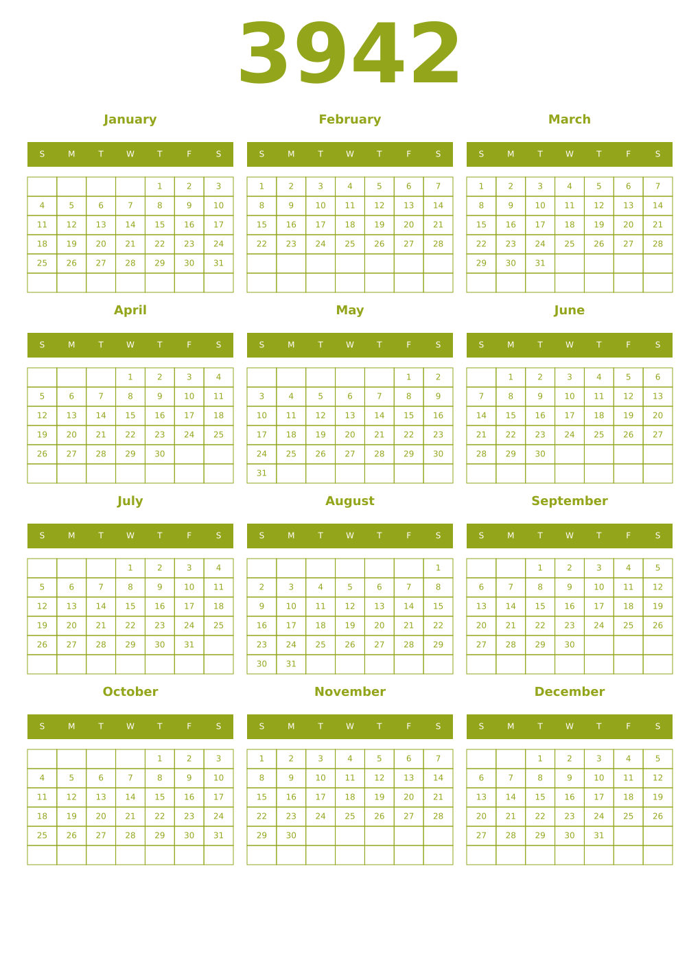 Printable 3942 Year Calendars chartreuse