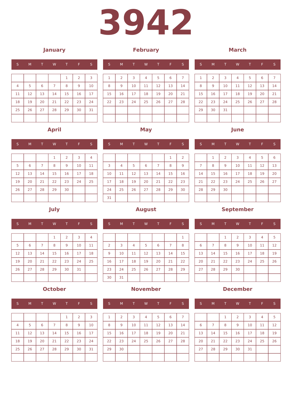 Printable 3942 Year Calendars cordovan