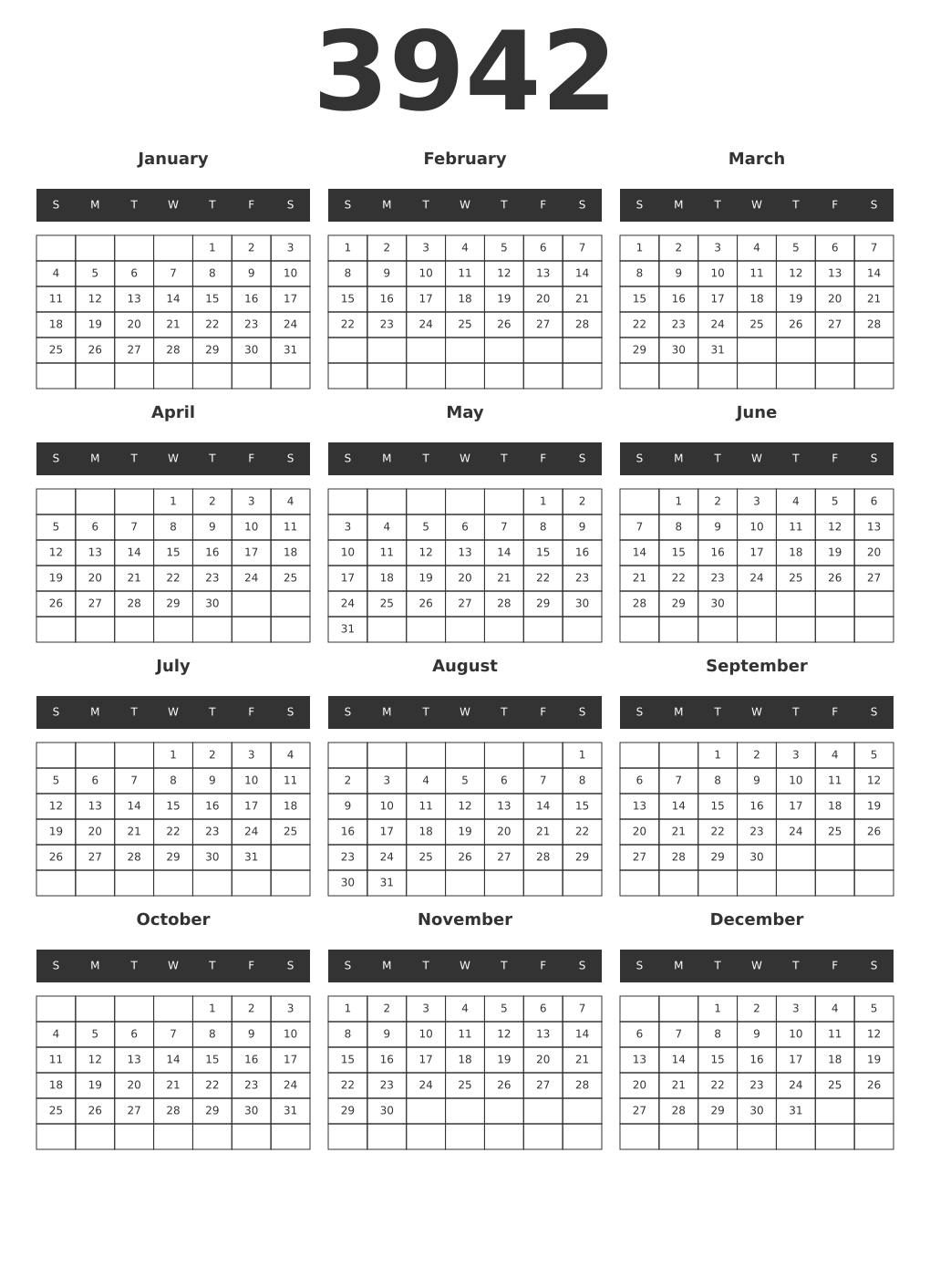 Printable 3942 Year Calendars dark