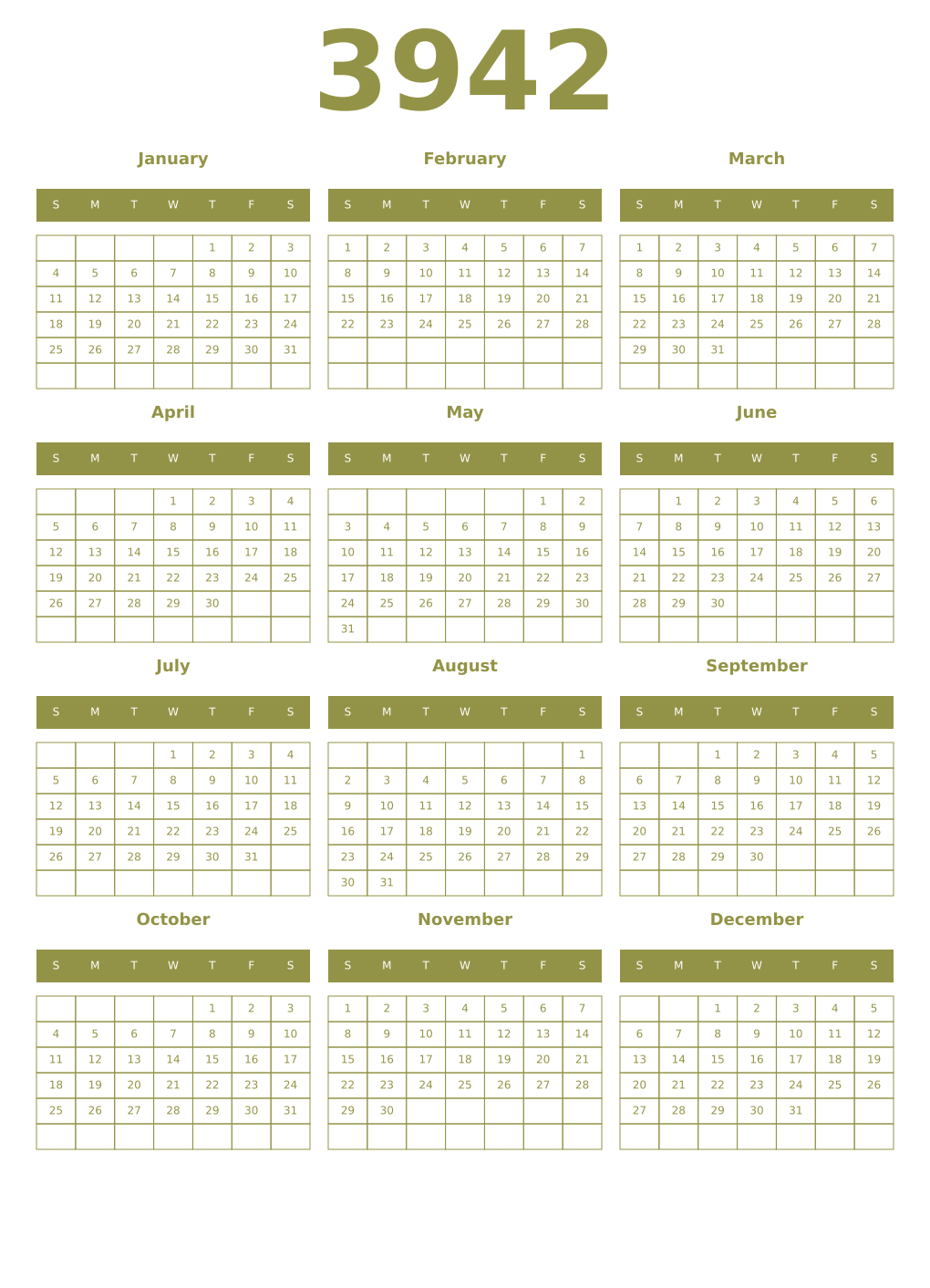 Printable 3942 Year Calendars eburnean