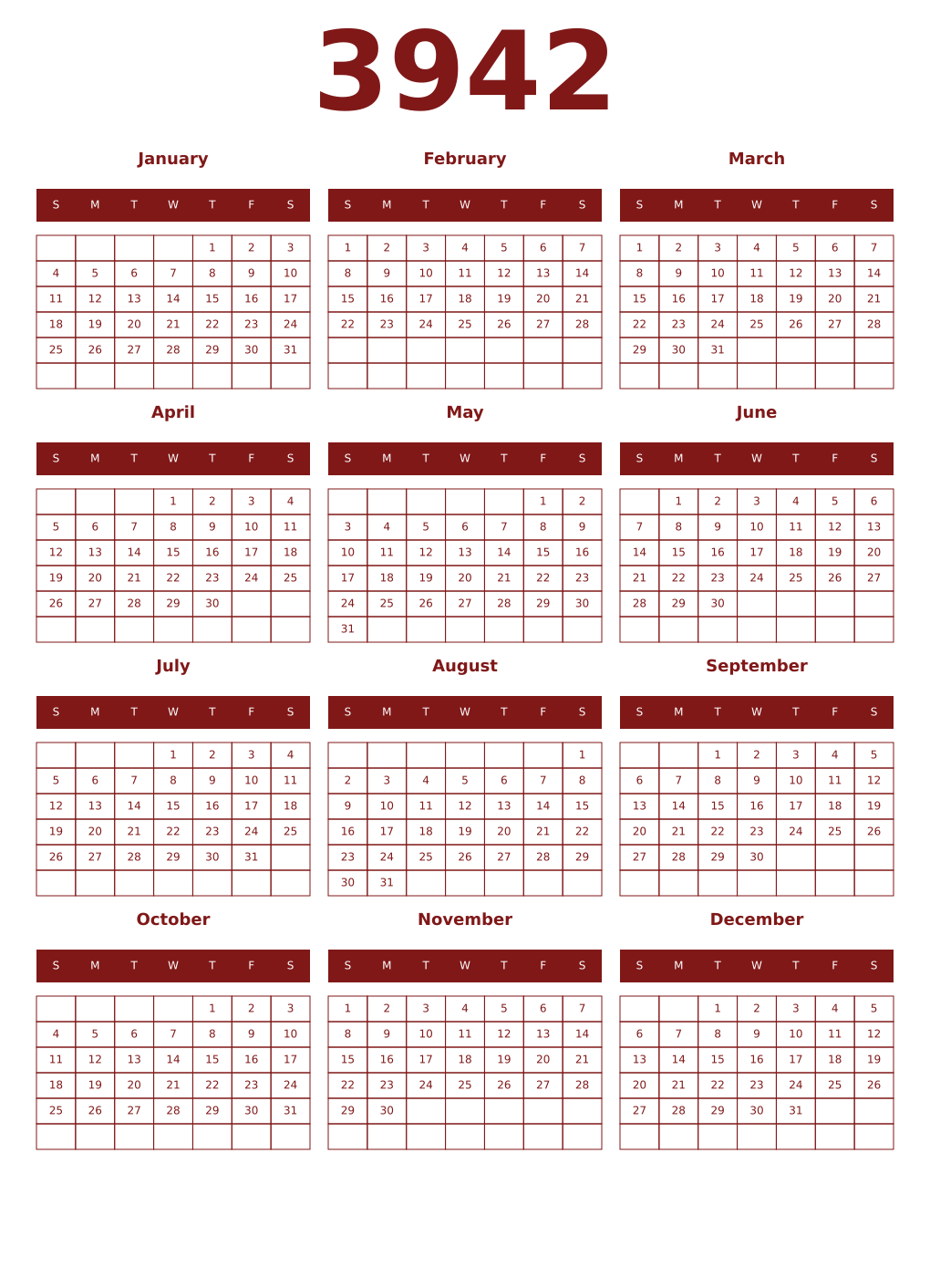 Printable 3942 Year Calendars falu