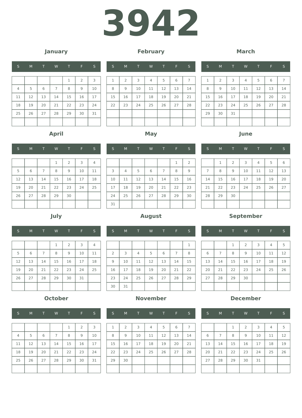 Printable 3942 Year Calendars feldgrau