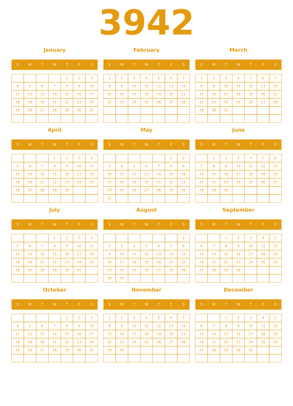 Printable 3942 Year Calendars gamboge