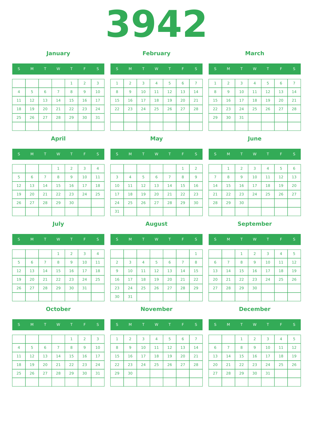 Printable 3942 Year Calendars green