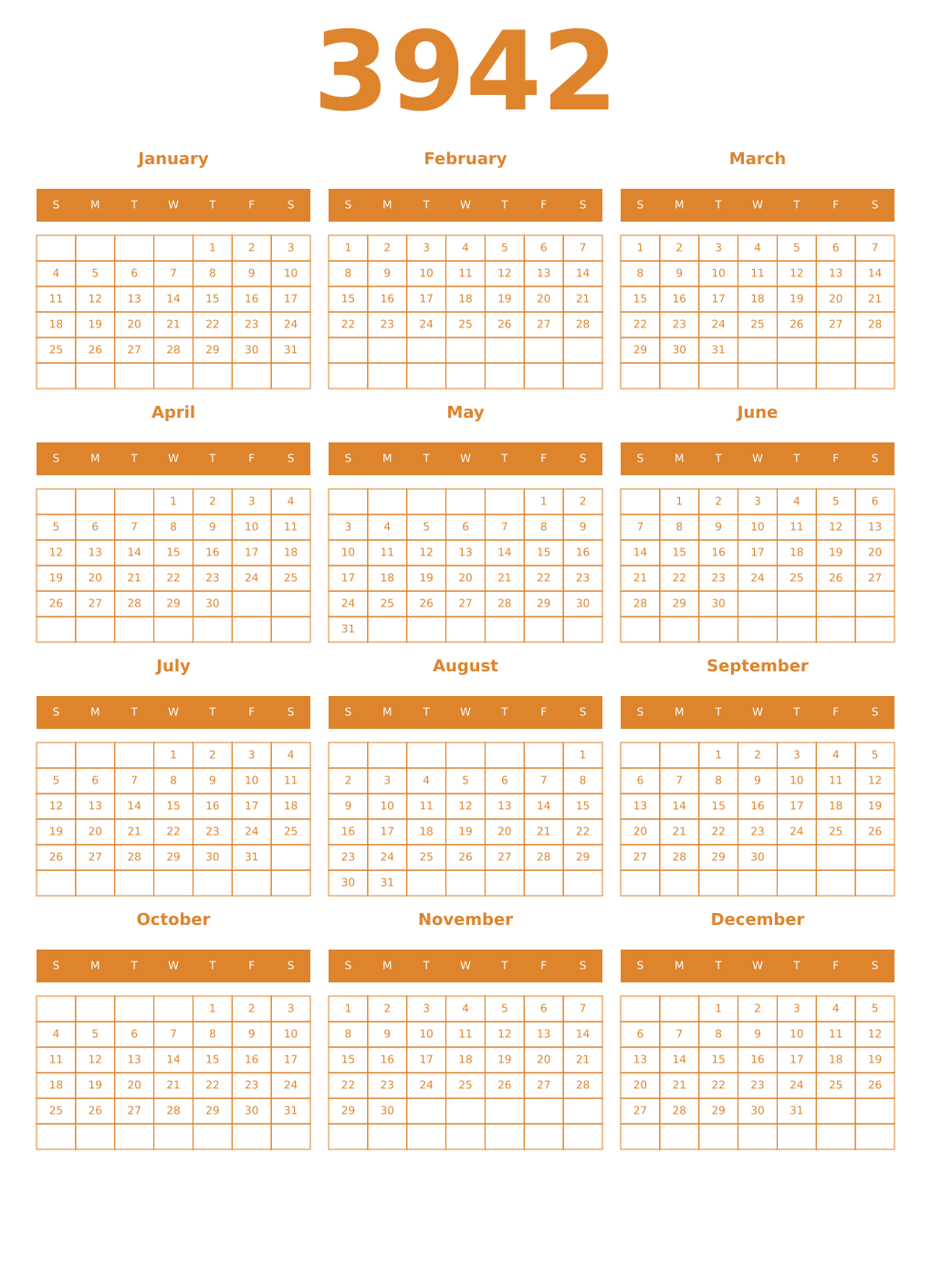 Printable 3942 Year Calendars orange