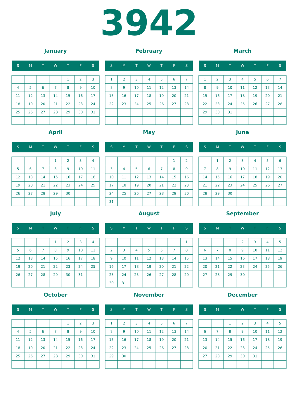 Printable 3942 Year Calendars pastel