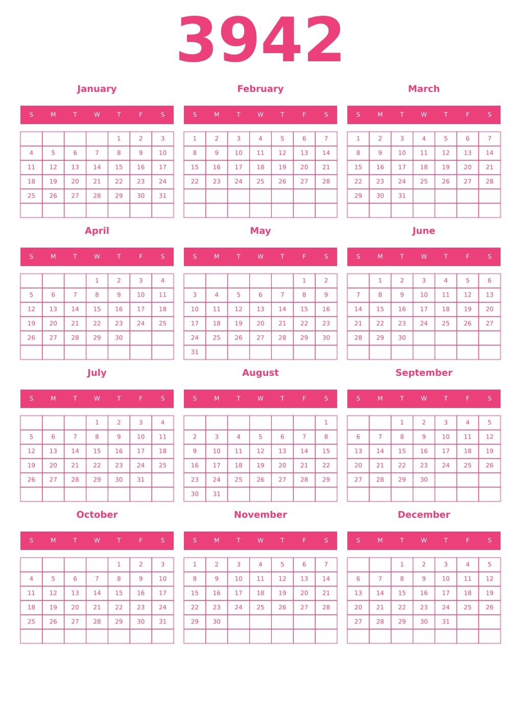 Printable 3942 Year Calendars pink
