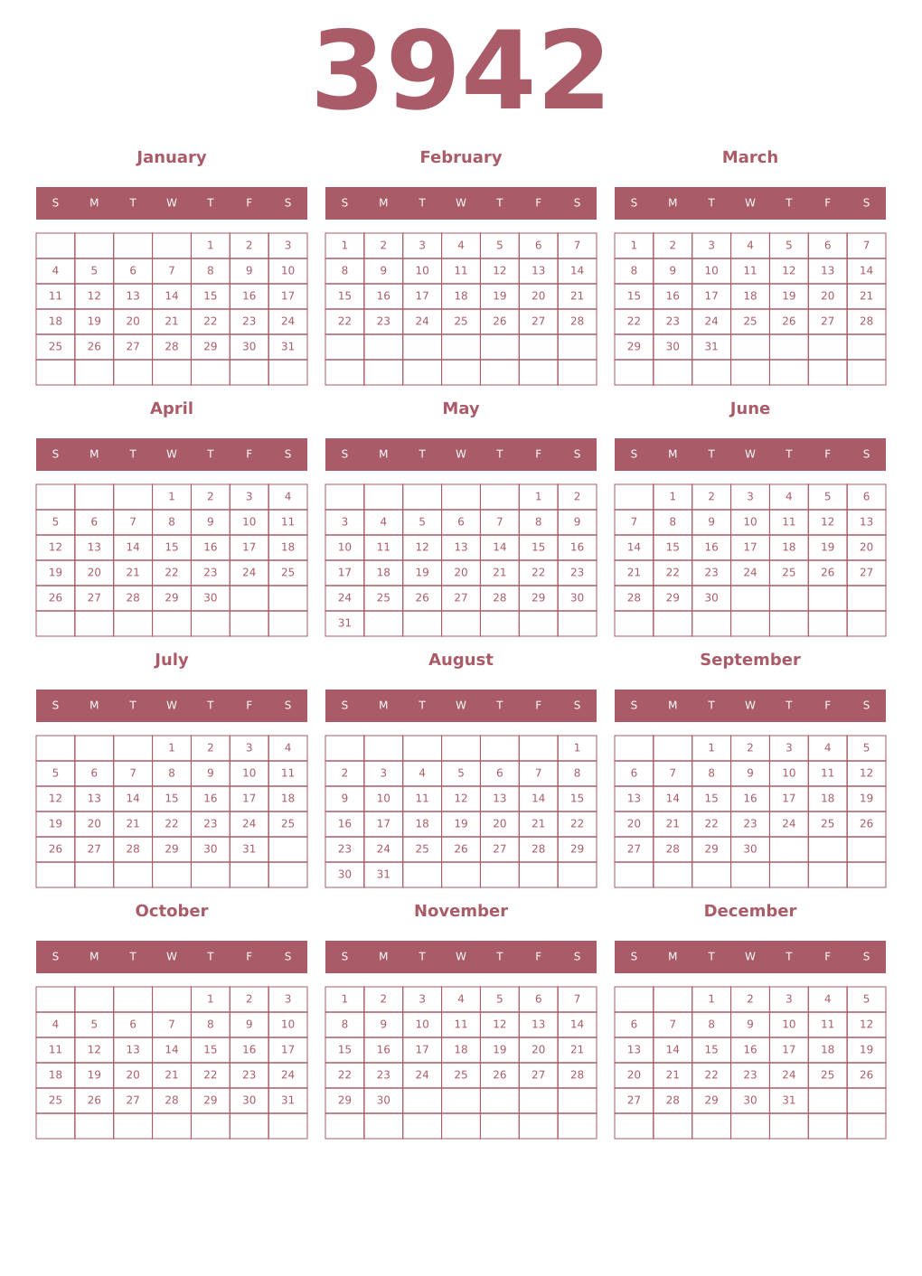 Printable 3942 Year Calendars puce