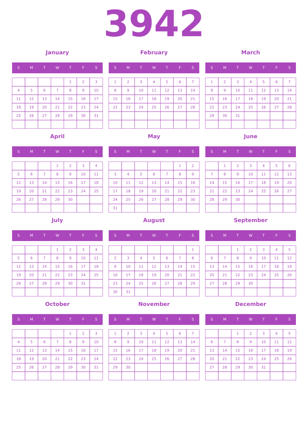 Printable 3942 Year Calendars purple