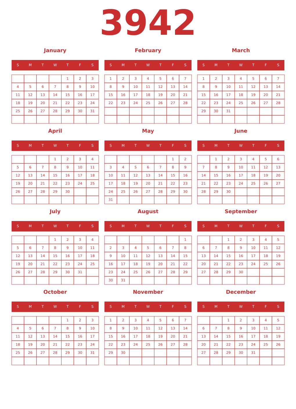 Printable 3942 Year Calendars red