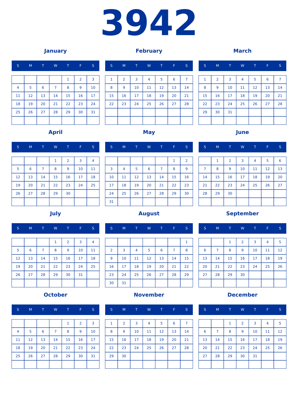 Printable 3942 Year Calendars smalt