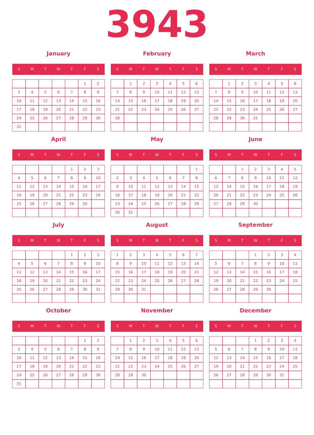 Printable 3943 Year Calendars amaranth