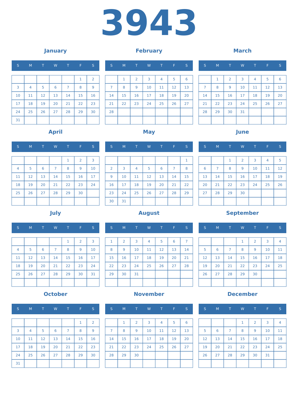 Printable 3943 Year Calendars blue