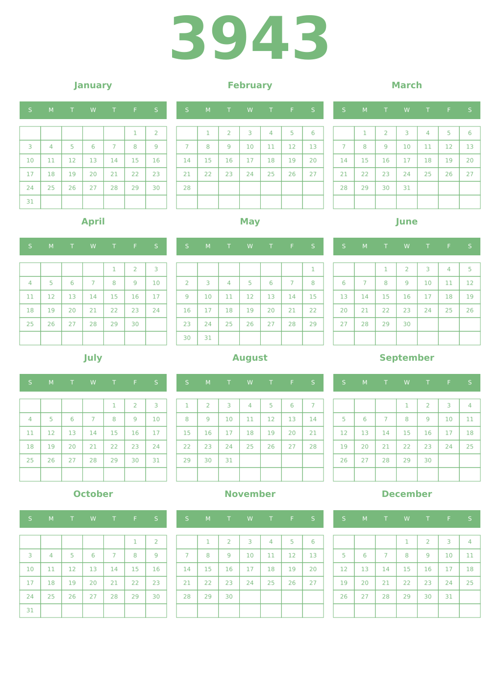 Printable 3943 Year Calendars celadon