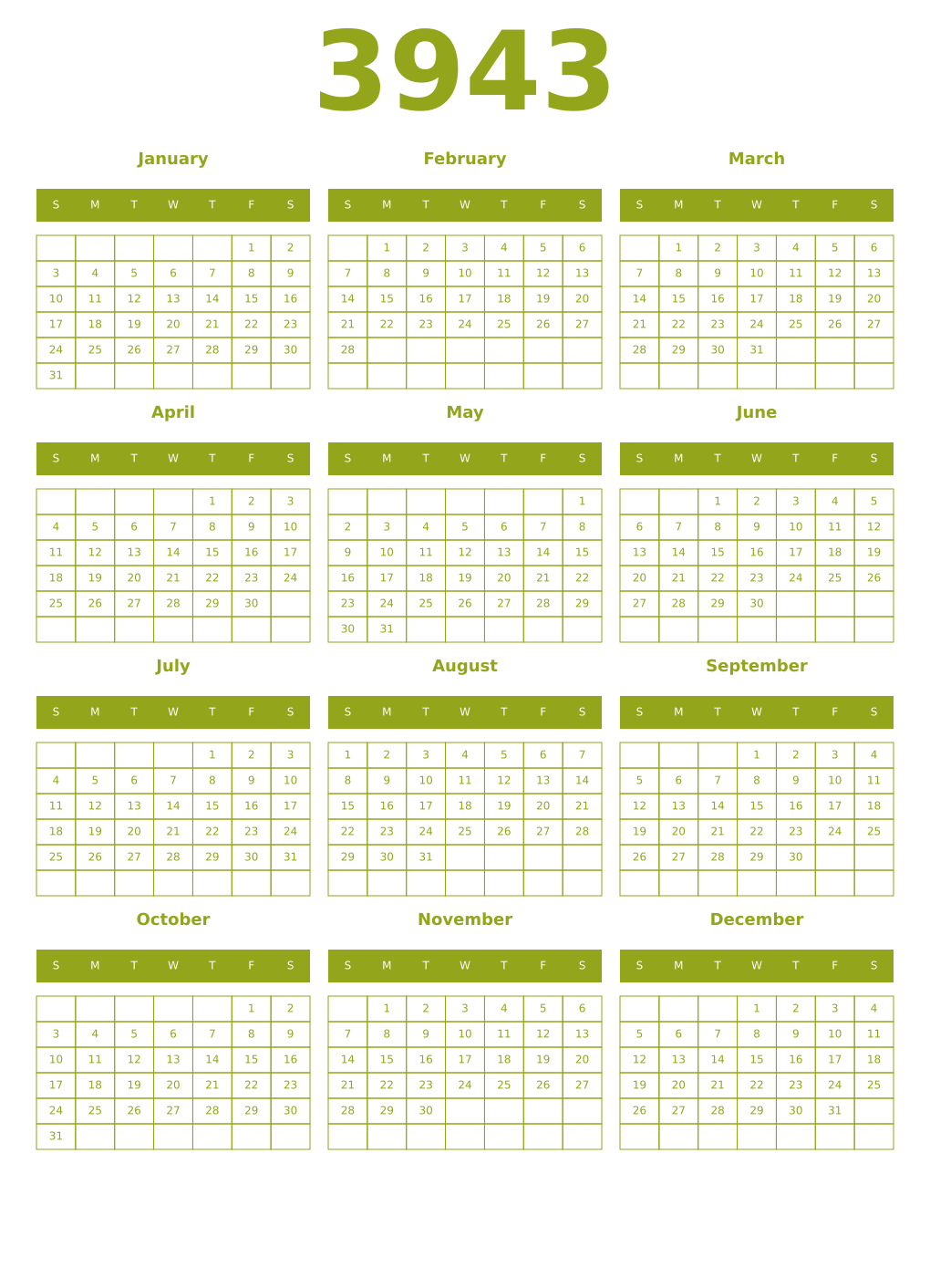 Printable 3943 Year Calendars chartreuse