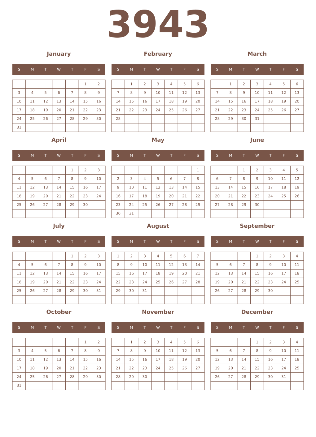 Printable 3943 Year Calendars coffe