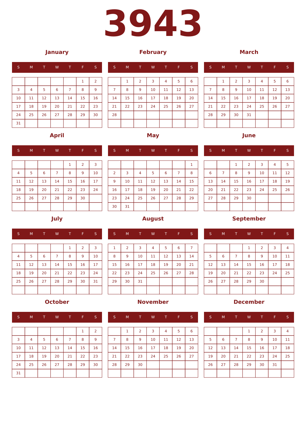 Printable 3943 Year Calendars falu