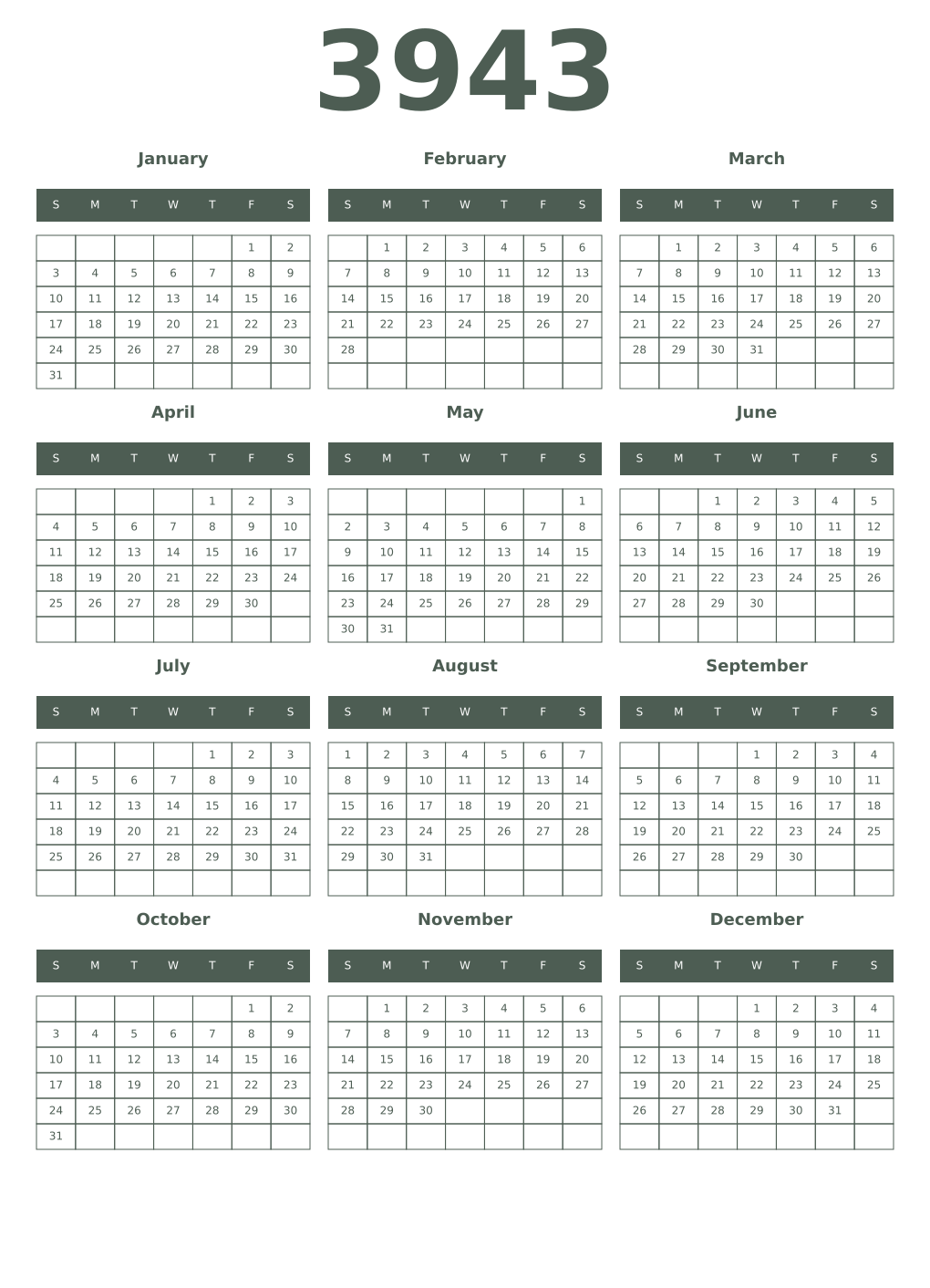 Printable 3943 Year Calendars feldgrau