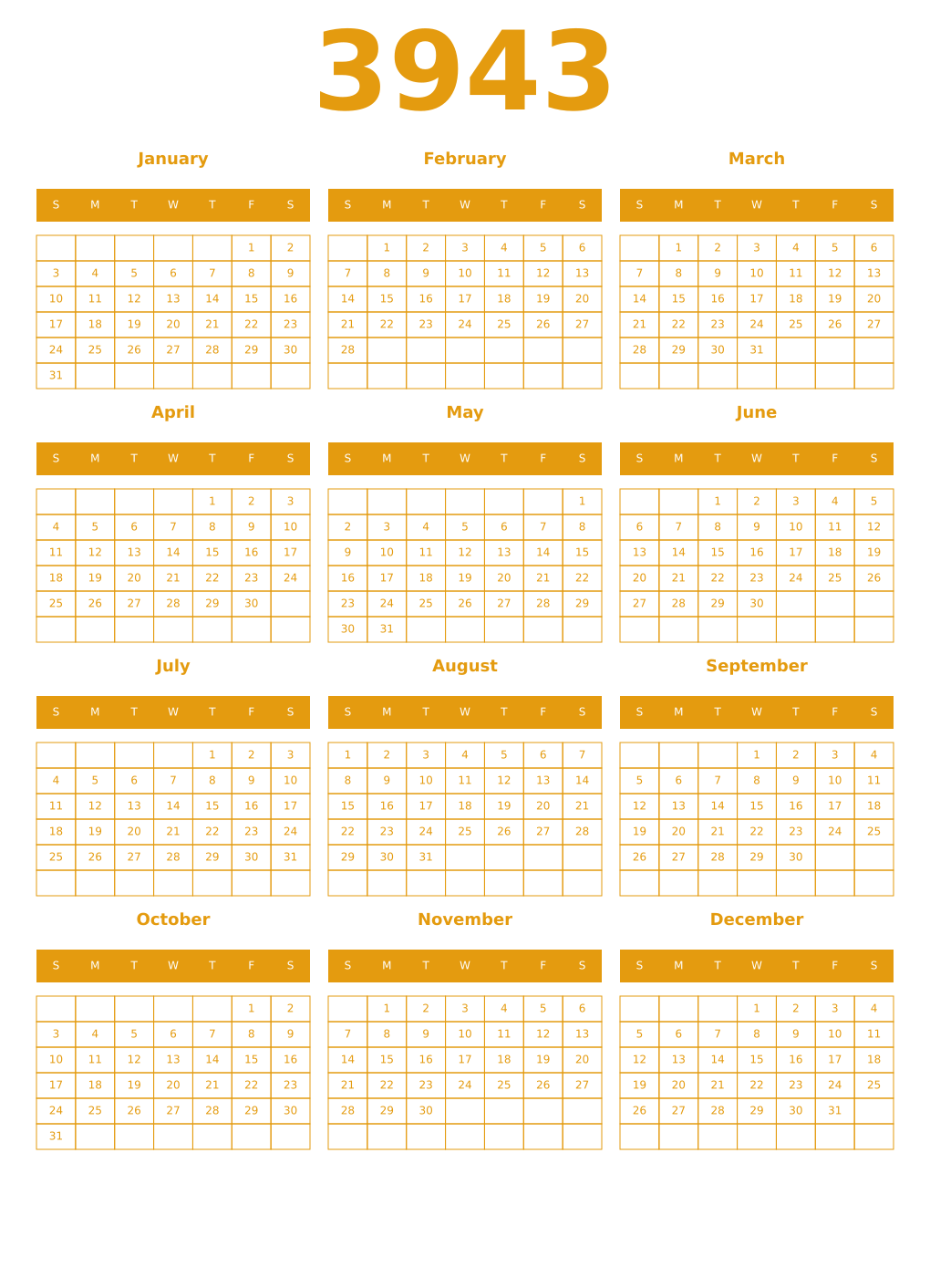 Printable 3943 Year Calendars gamboge