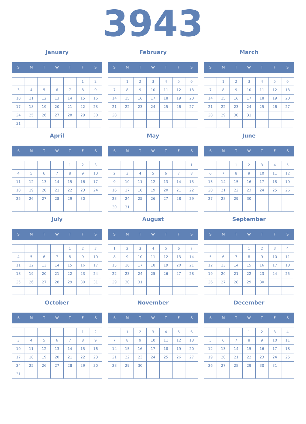 Printable 3943 Year Calendars glaucous