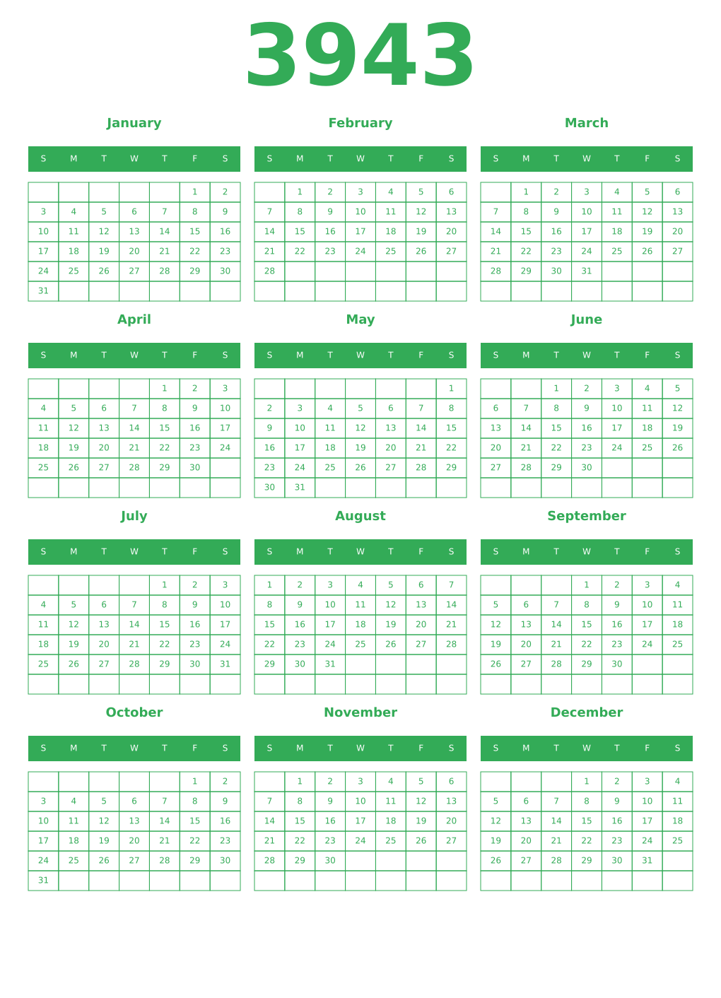 Printable 3943 Year Calendars green