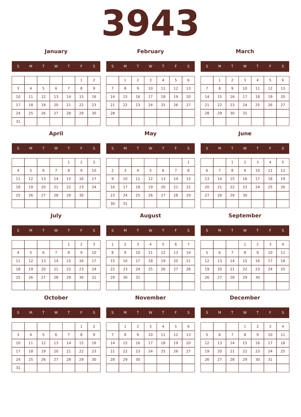 Printable 3943 Year Calendars mortuum