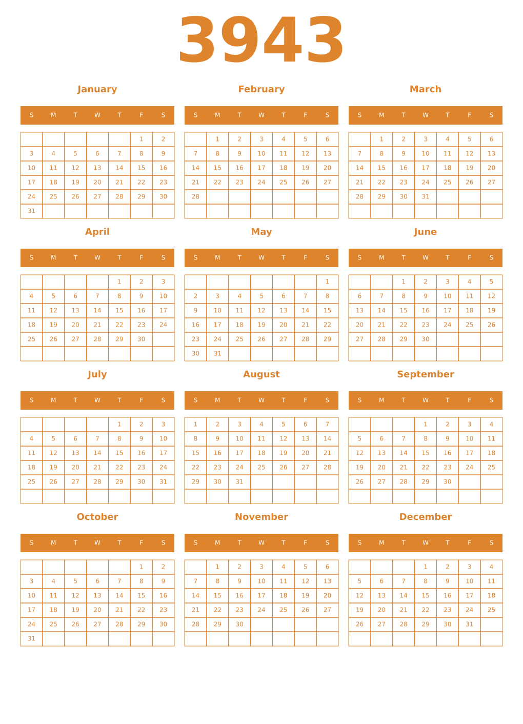 Printable 3943 Year Calendars orange