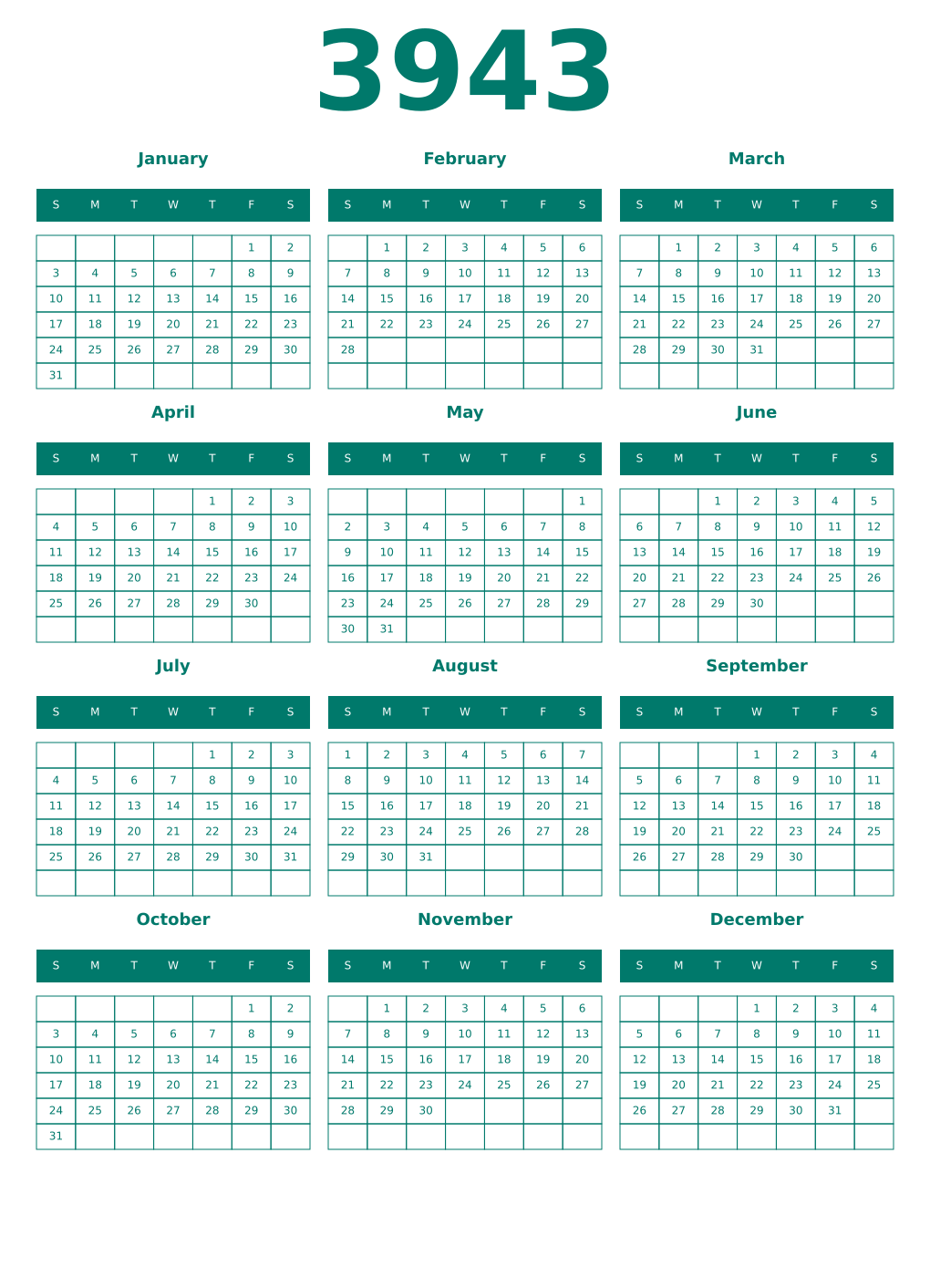 Printable 3943 Year Calendars pastel