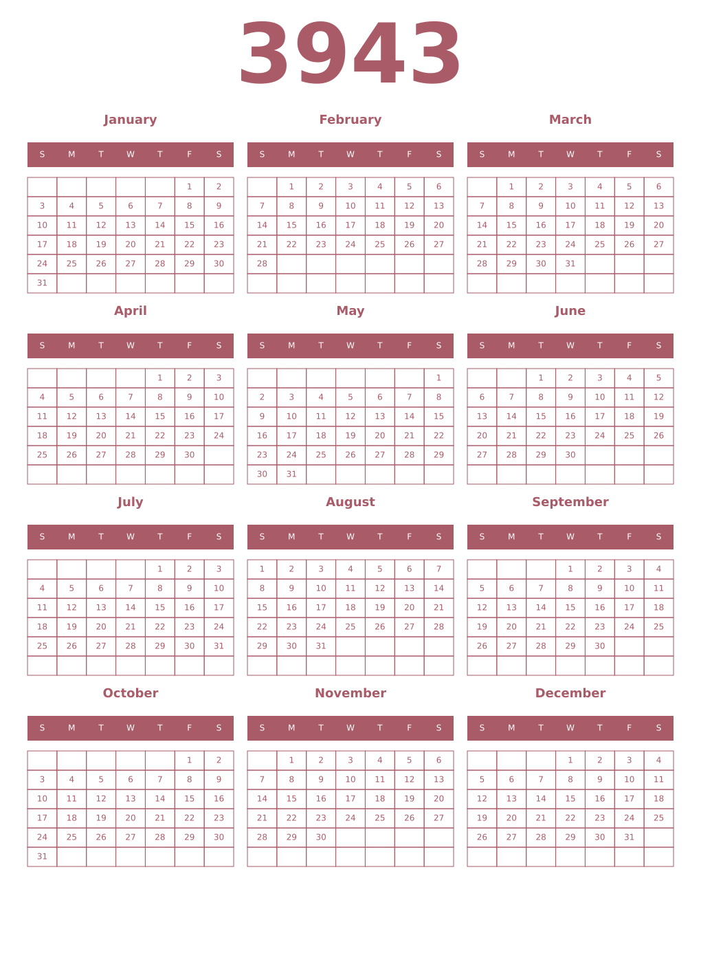 Printable 3943 Year Calendars puce