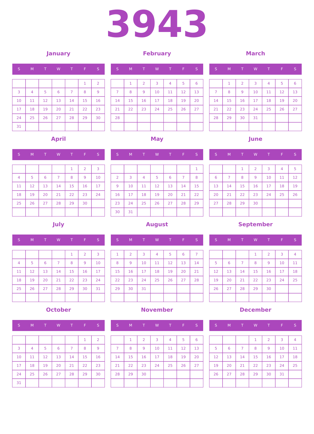 Printable 3943 Year Calendars purple