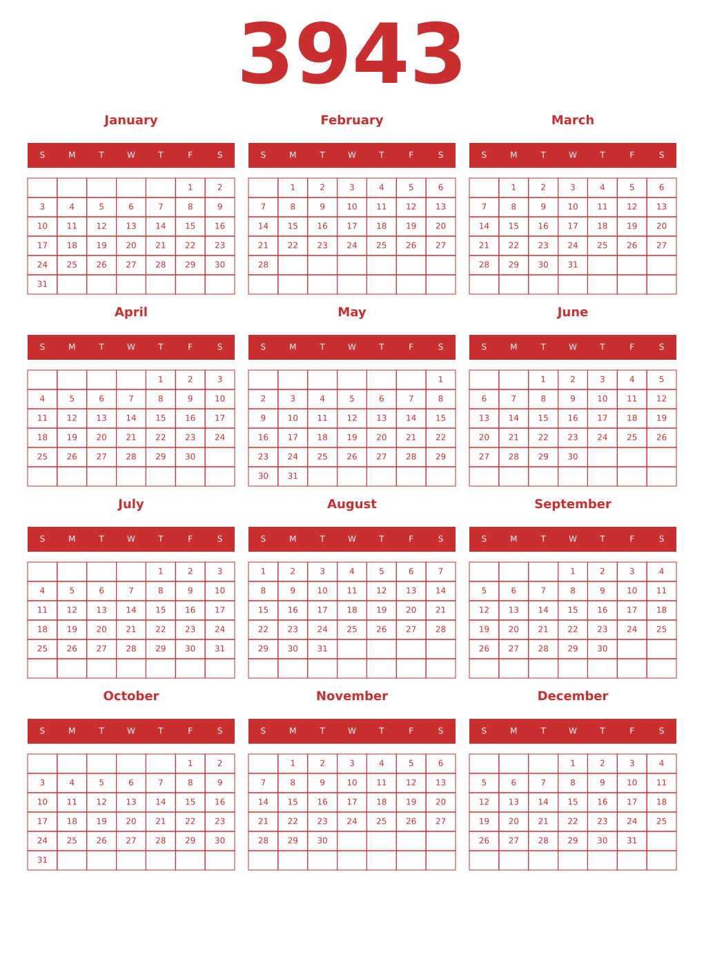 Printable 3943 Year Calendars red