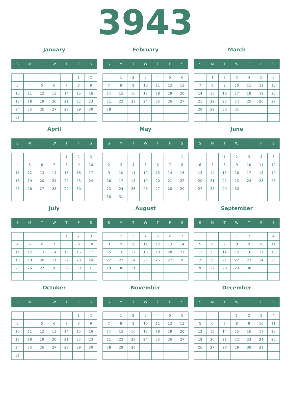 Printable 3943 Year Calendars viridian