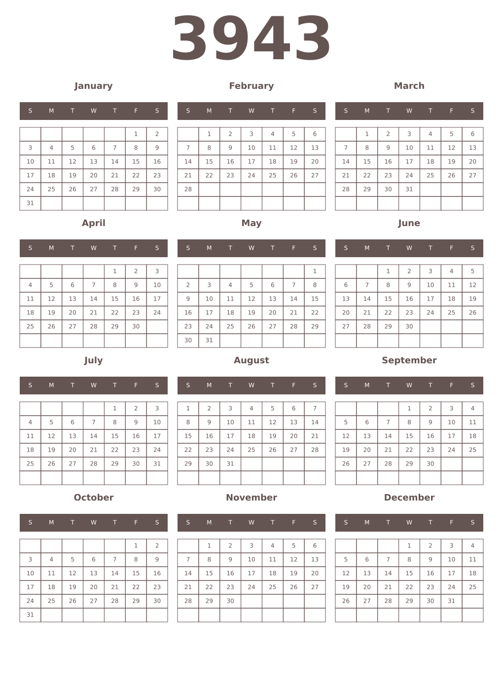 Printable 3943 Year Calendars wenge