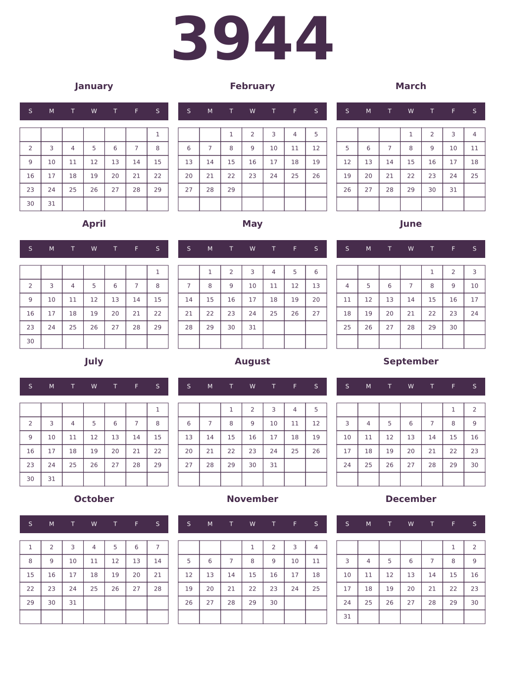 Printable 3944 Year Calendars aubergine