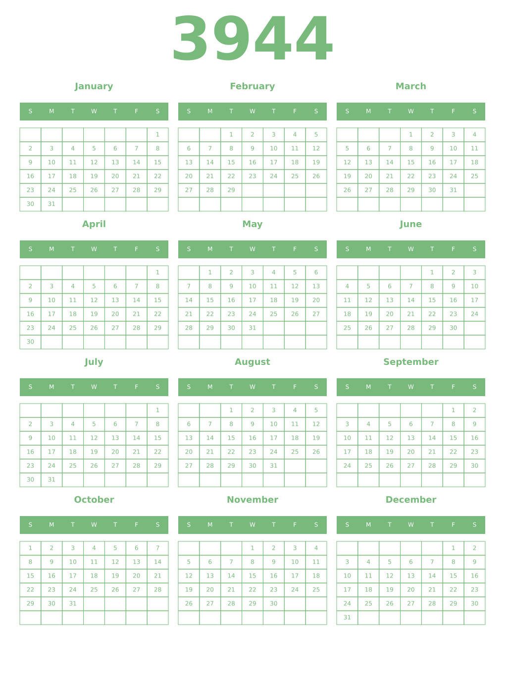 Printable 3944 Year Calendars celadon