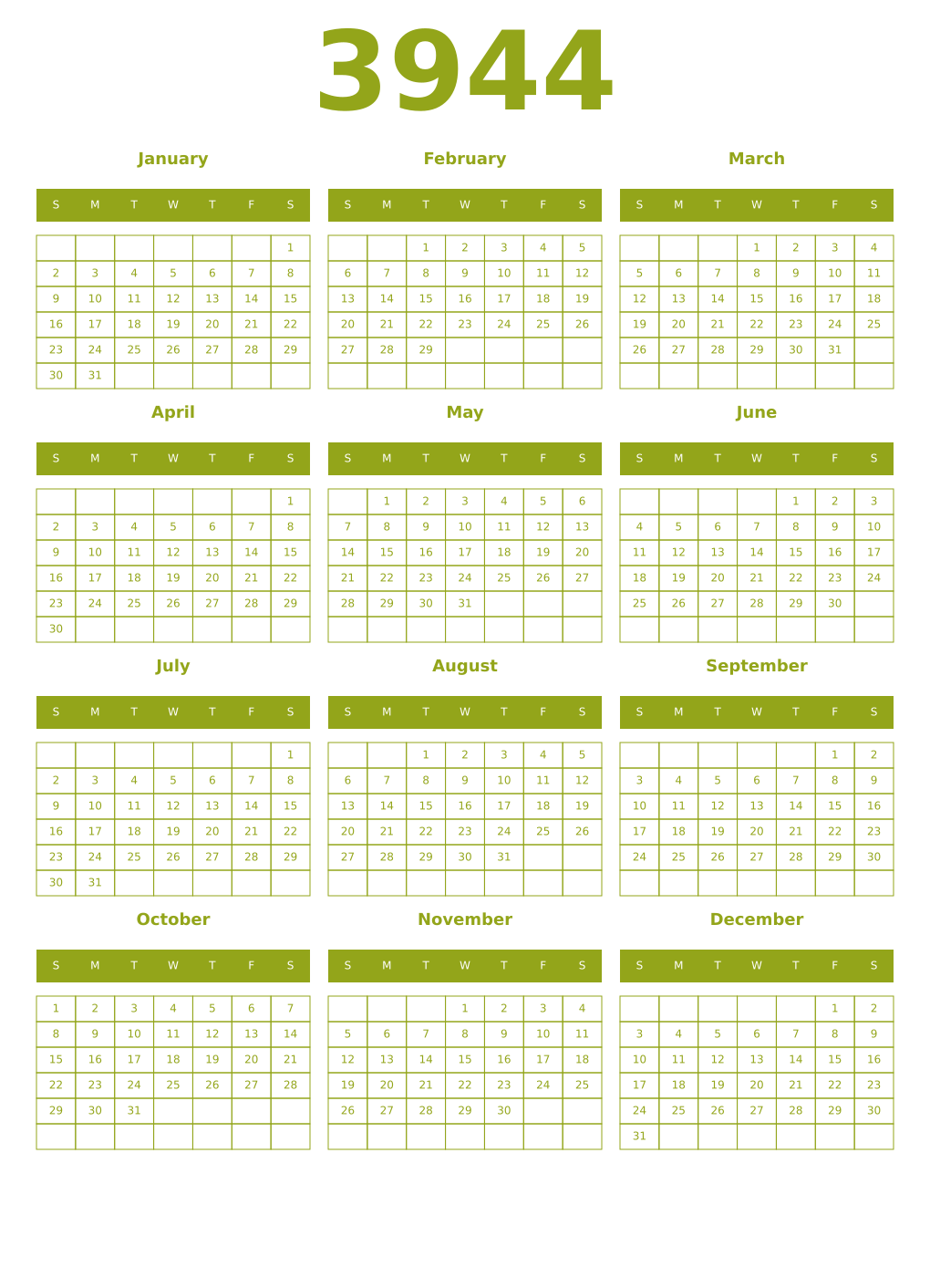 Printable 3944 Year Calendars chartreuse