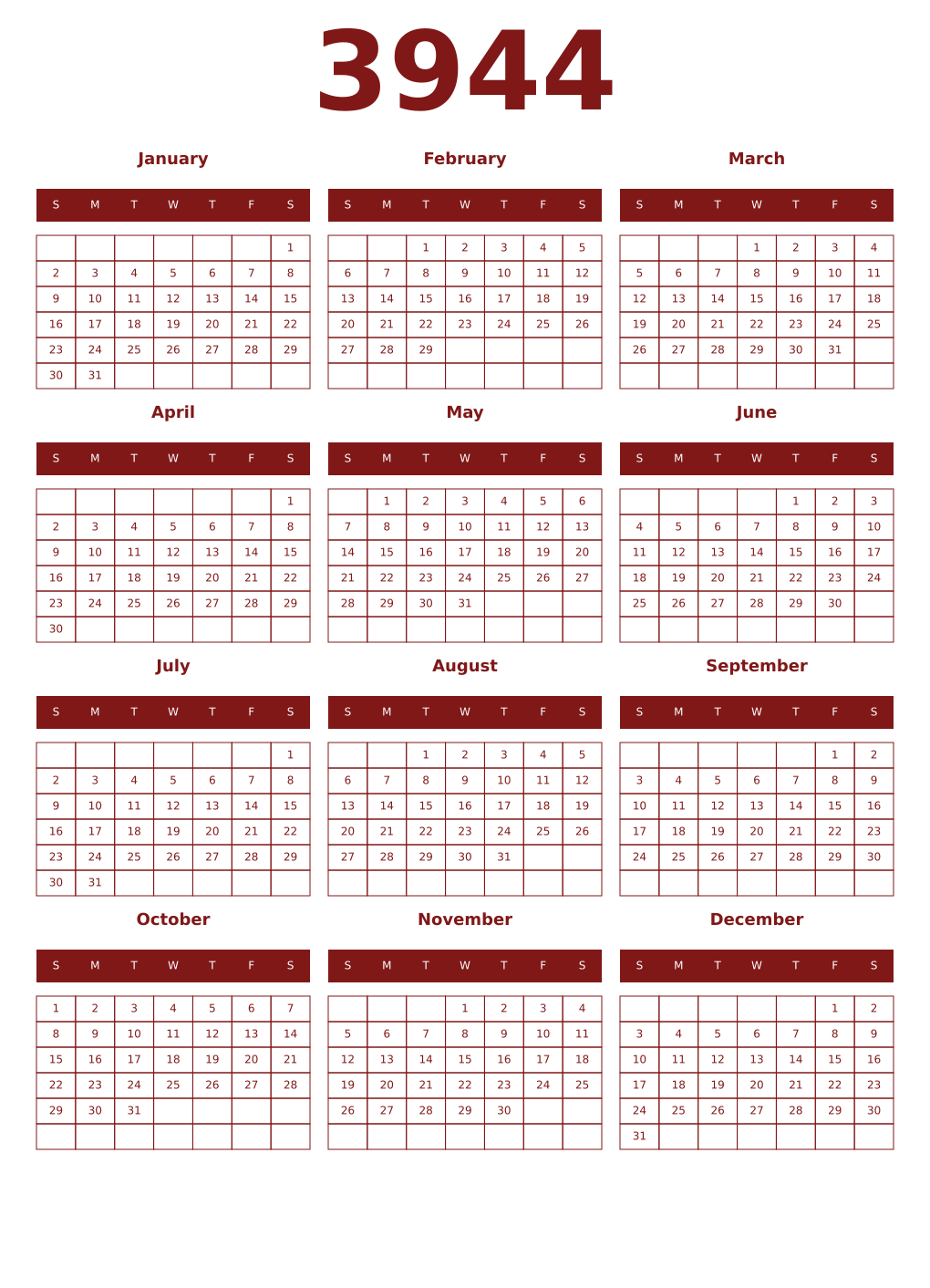Printable 3944 Year Calendars falu