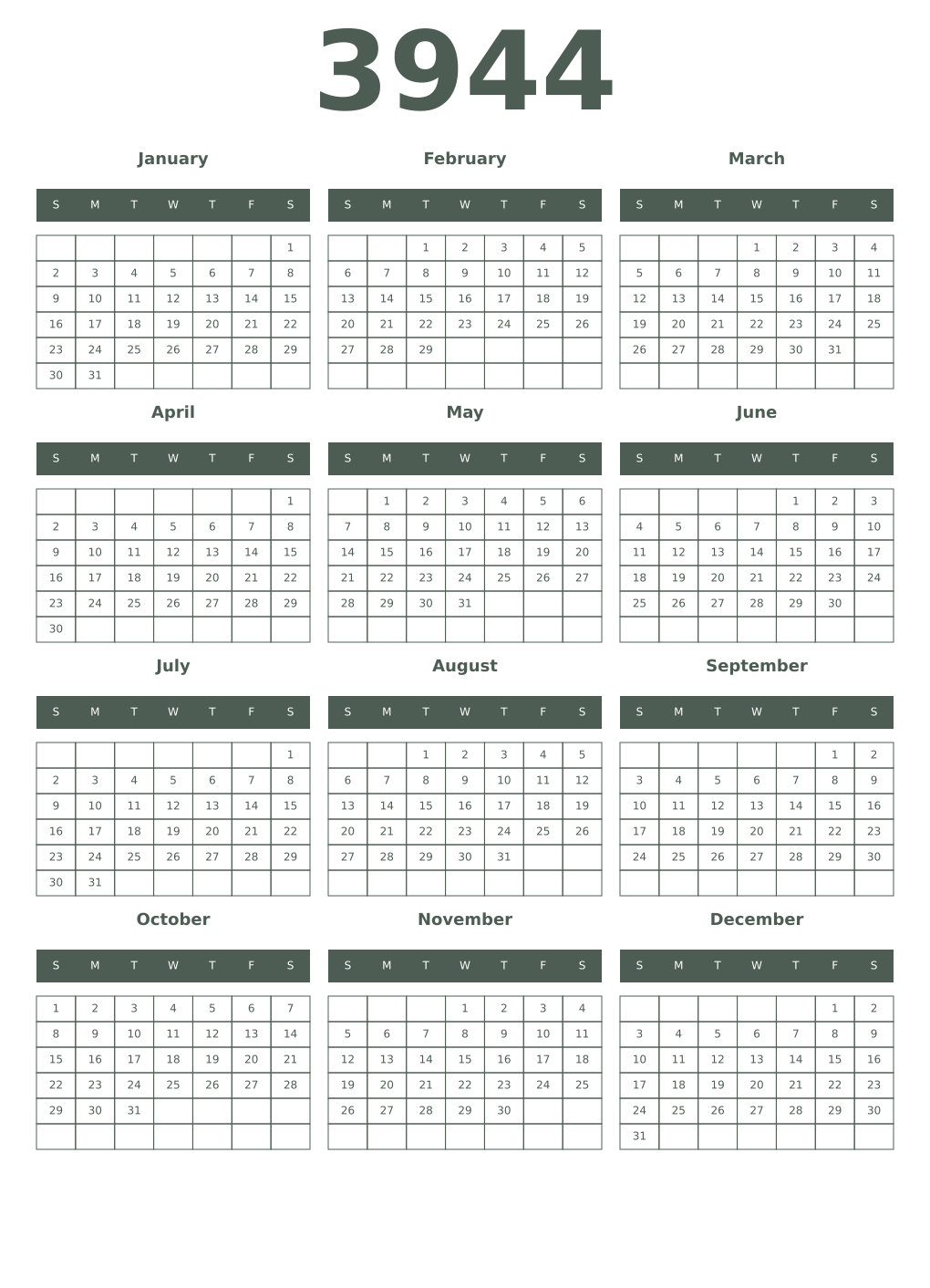 Printable 3944 Year Calendars feldgrau