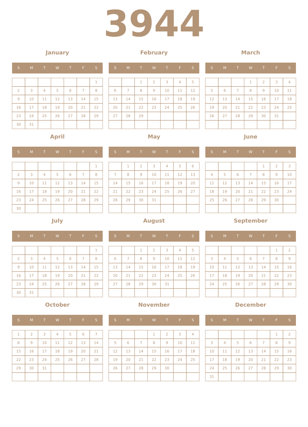 Printable 3944 Year Calendars isabelline