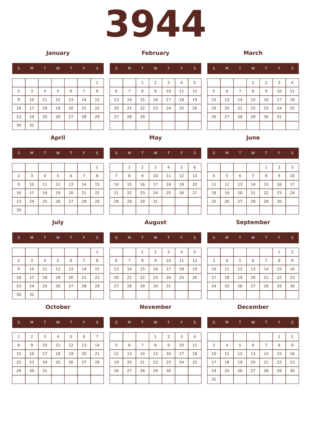 Printable 3944 Year Calendars mortuum