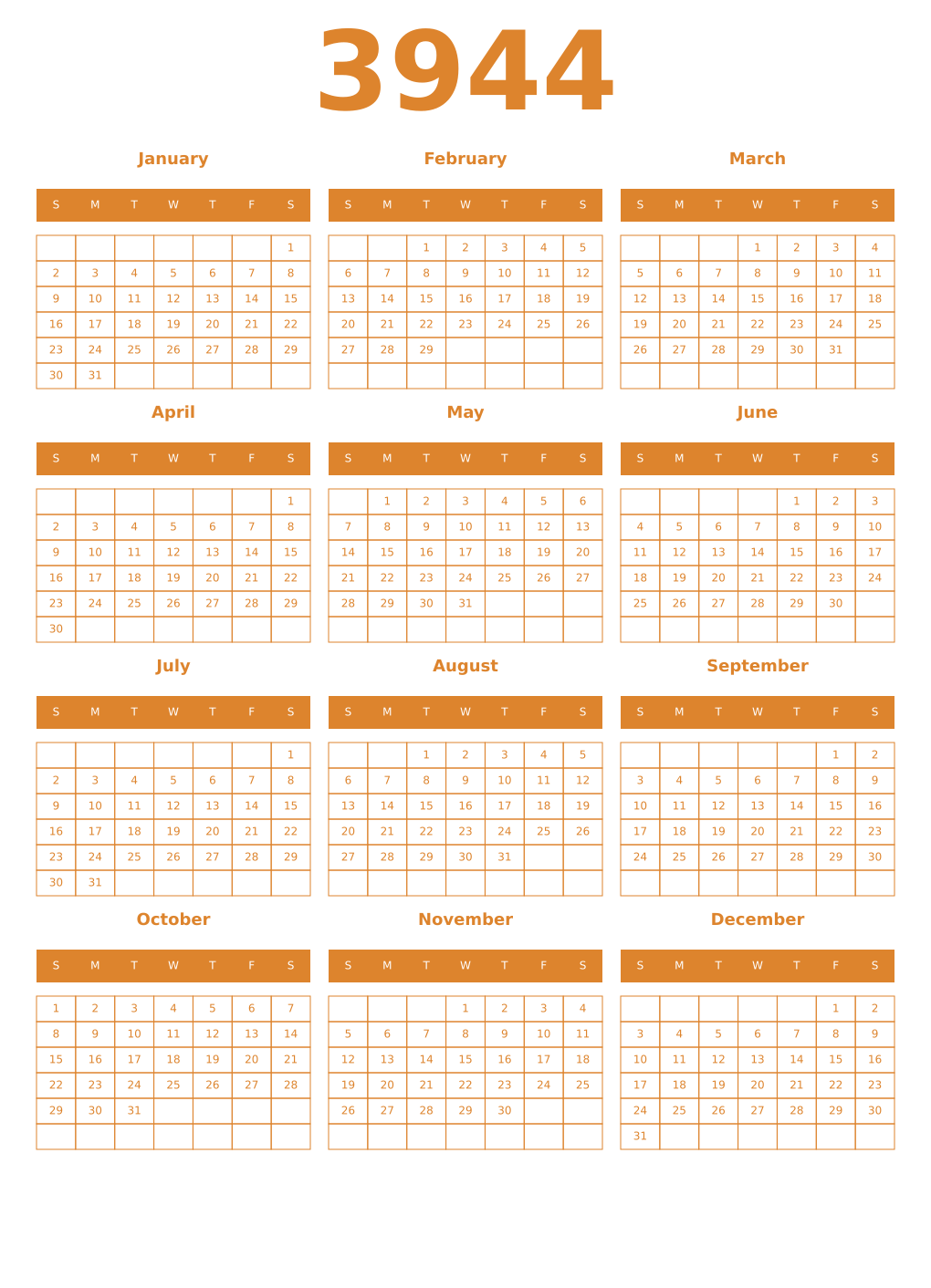 Printable 3944 Year Calendars orange