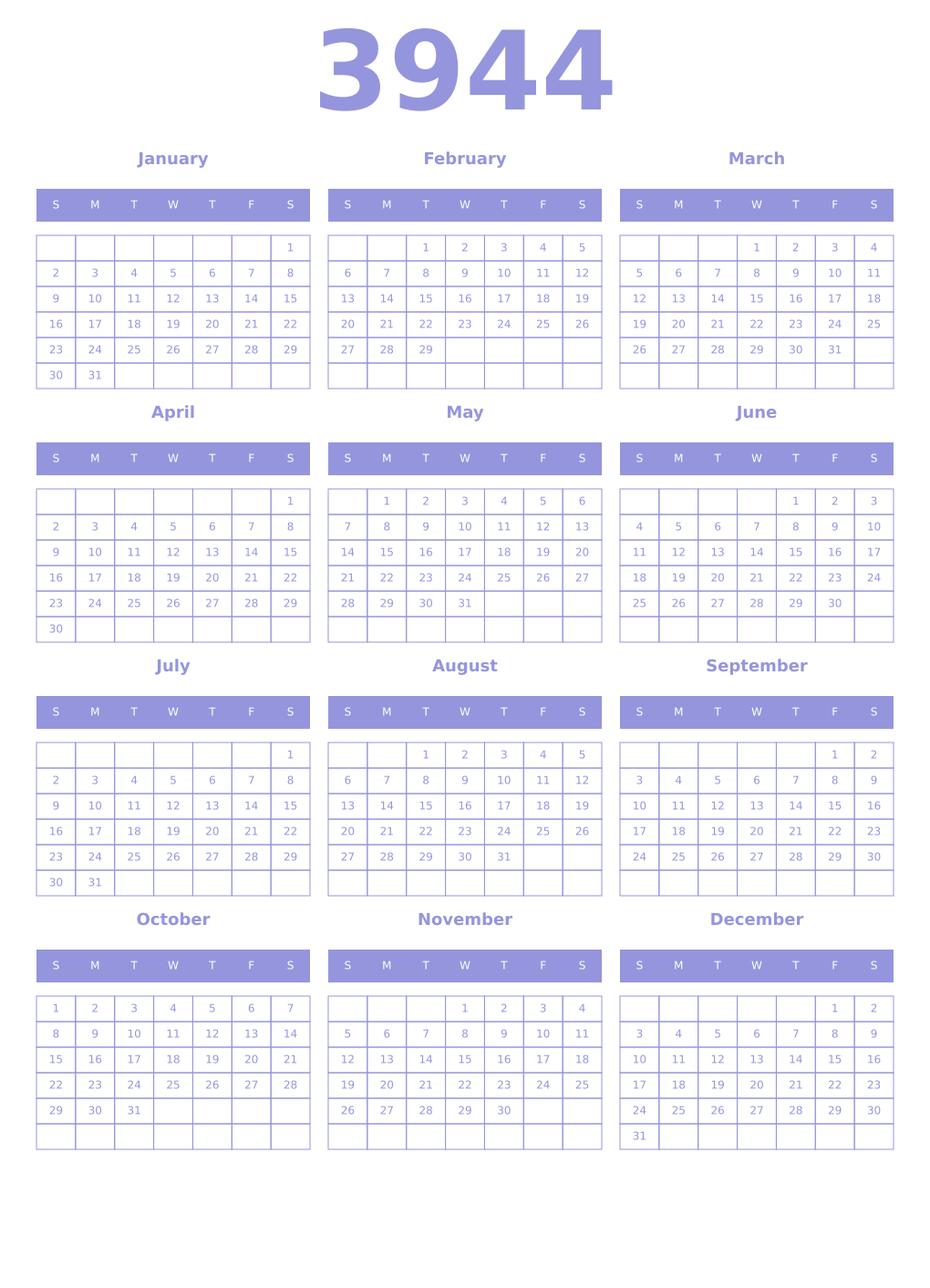 Printable 3944 Year Calendars periwinkle