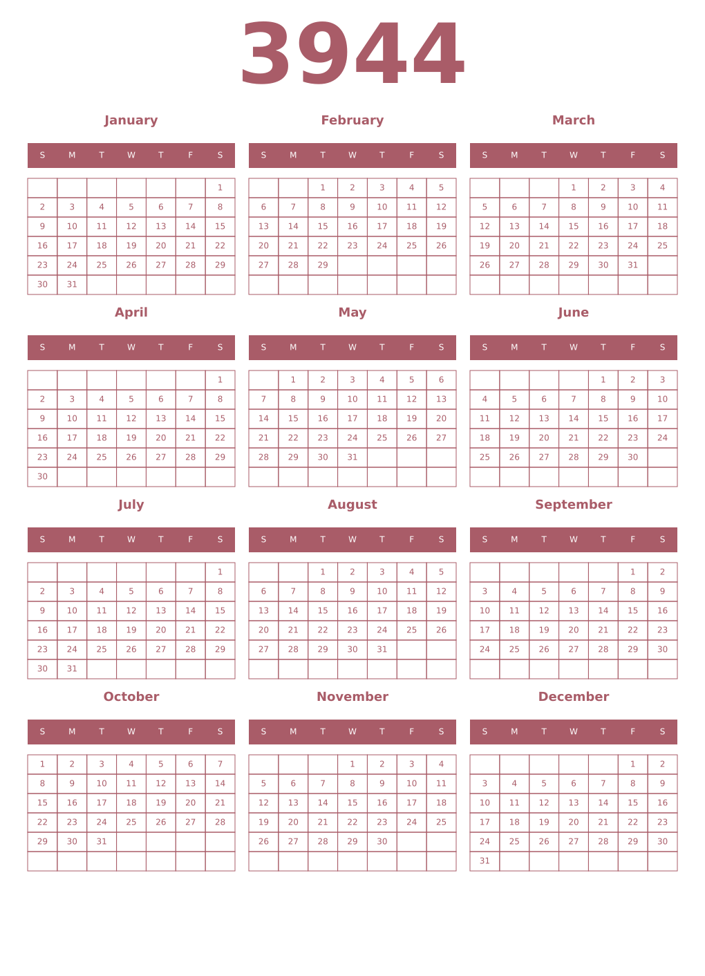 Printable 3944 Year Calendars puce