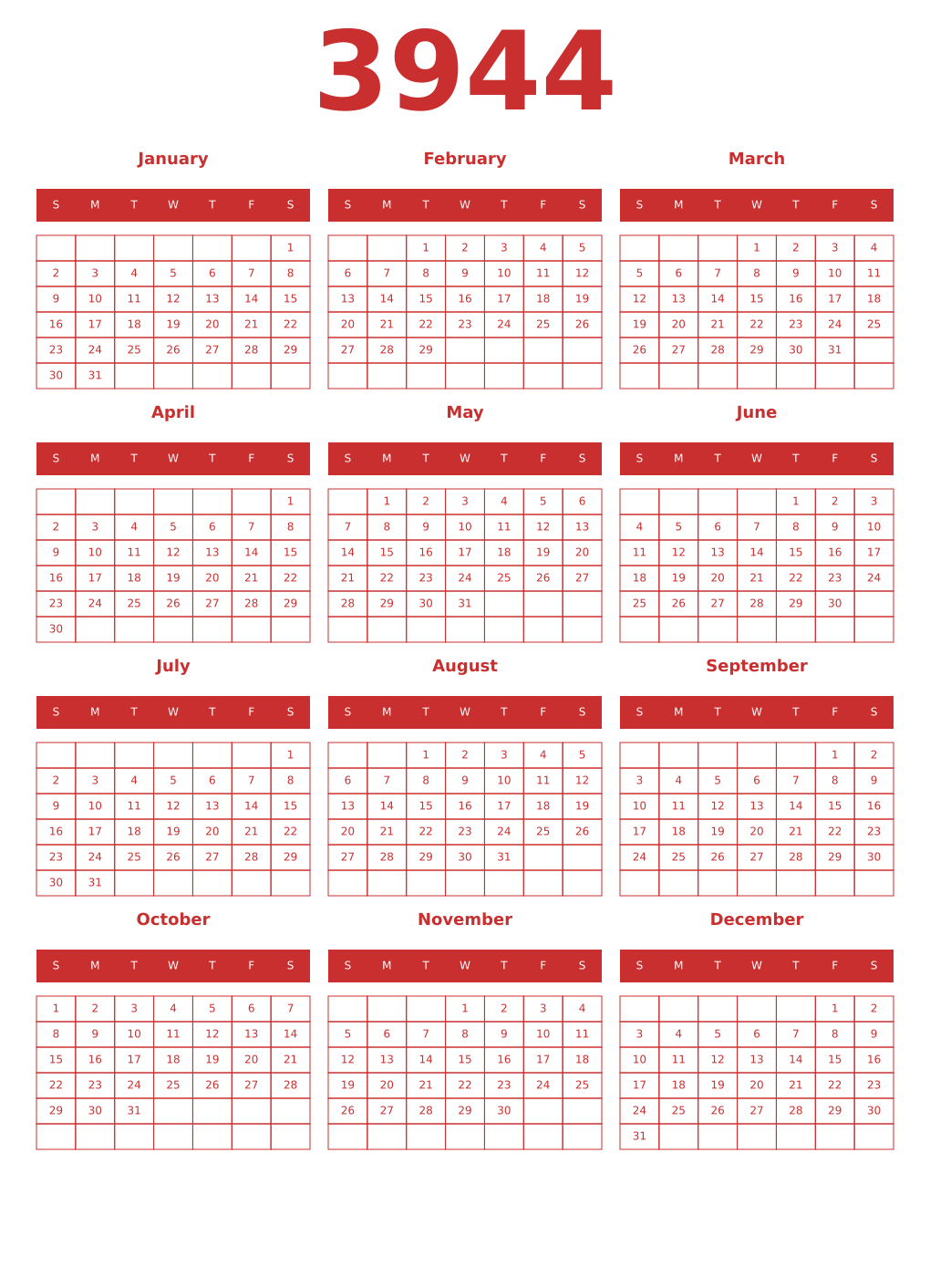 Printable 3944 Year Calendars red