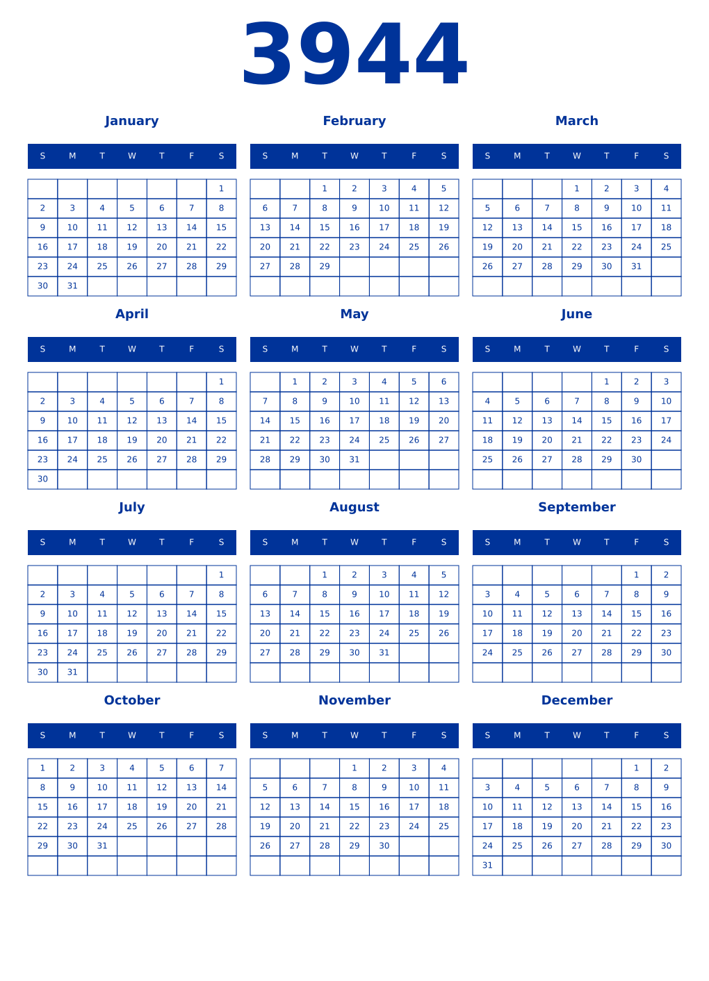 Printable 3944 Year Calendars smalt