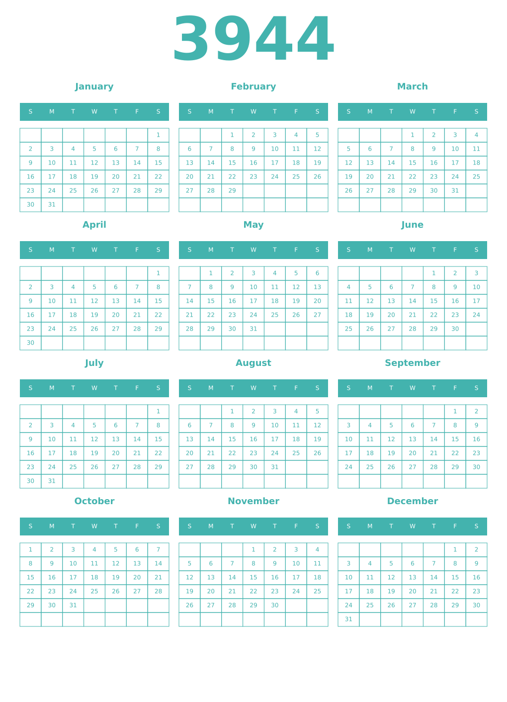 Printable 3944 Year Calendars verdigris