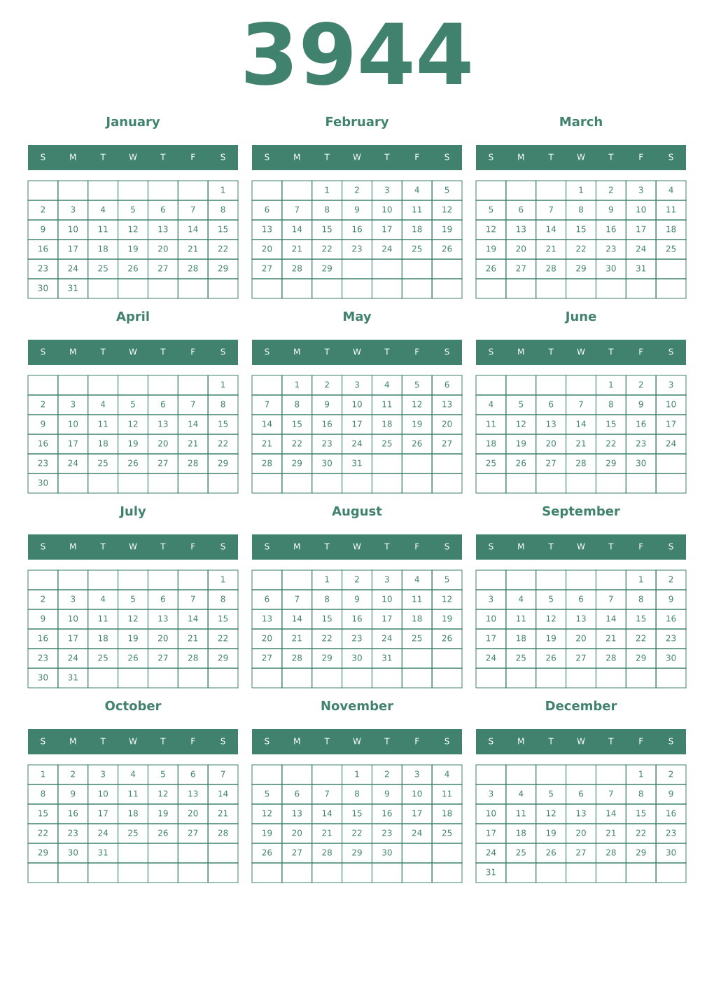 Printable 3944 Year Calendars viridian